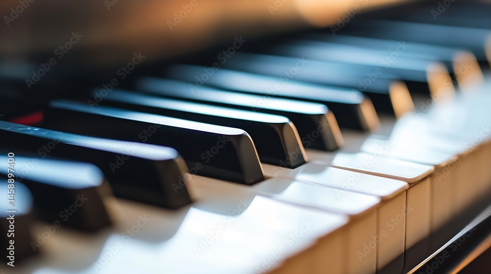 Fototapete close-up view of a piano keyboard, showcasing the black and white keys in a shallow depth of field. 