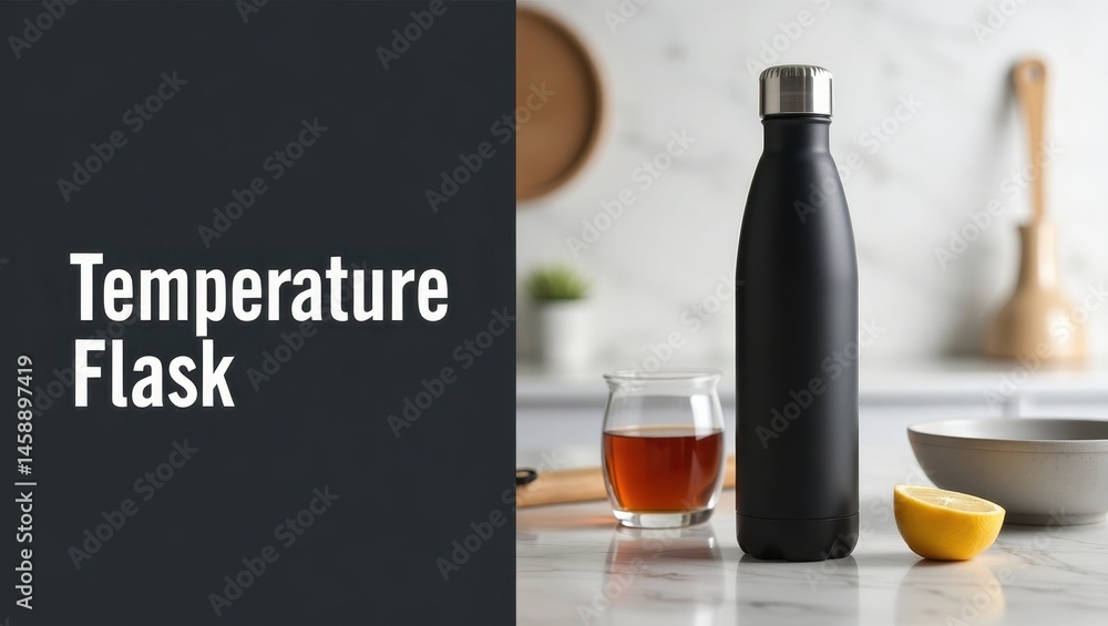 Poster temperature flask. cozying up warmth. product ad banner copy text. temperature flask brings comfort 