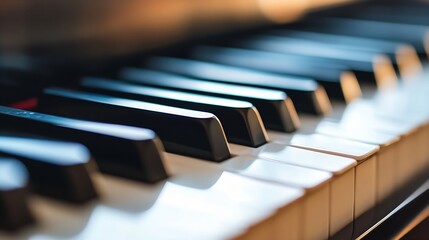 Close-up view of a piano keyboard, showcasing the black and white keys in a shallow depth of field.  The image evokes a sense of musicality and artistic expression. : Generative AI