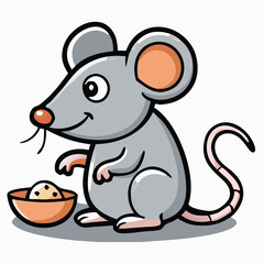 Naklejka premium Smiling gray cartoon mouse stands cheerfully beside a bowl of food, eager to eat