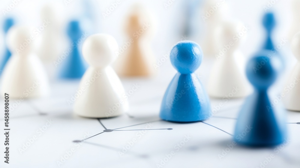 Poster abstract network concept image featuring blue and white game pieces arranged on a white surface with