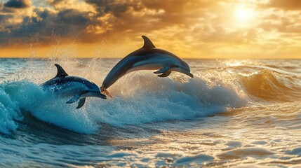 Fototapeta premium A serene beach scene with dolphins leaping gracefully through crystal-clear waves under a golden sunset. 
