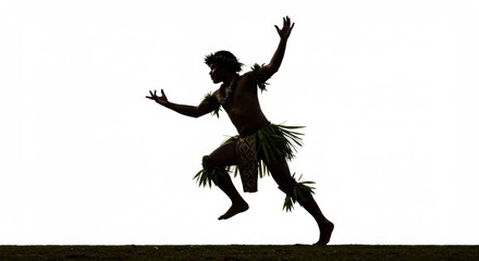 Silhouette of a man in tribal dress performing a dance with arms raised against a white background