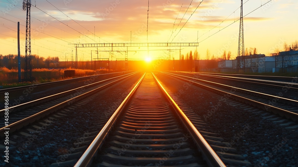 Fototapete golden sunset illuminates railway tracks extending towards a distant horizon, with buildings and pow