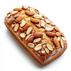 Freshly baked almond bread loaf, adorned with sliced and whole almonds, rests on a pristine white surface, showcasing its golden crust and texture.