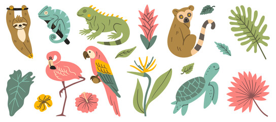 Colorful hand-drawn illustration of exotic animals and tropical plants in doodle pen imitation, featuring sloth, iguana, turtle, flamingo, parrot, chameleon, lemur, and jungle leaves.