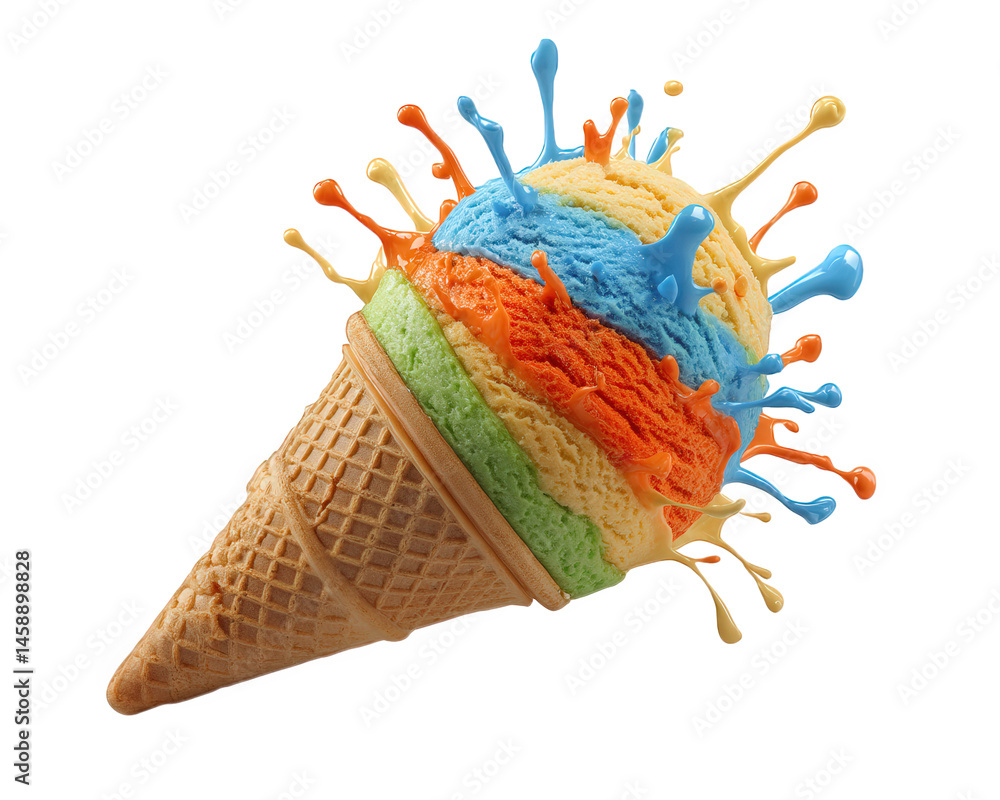 Poster colorful ice cream scoop with vibrant syrup splashing, creating joyful and refreshing scene. cone fe