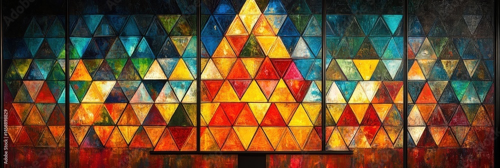 Poster multicolored triangle art installation vibrant geometric patterns