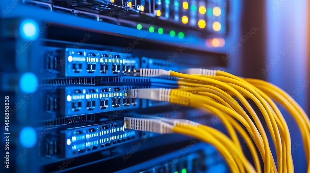 Fototapete close-up view of fiber optic cables connected to a network switch in a server rack, showcasing techn
