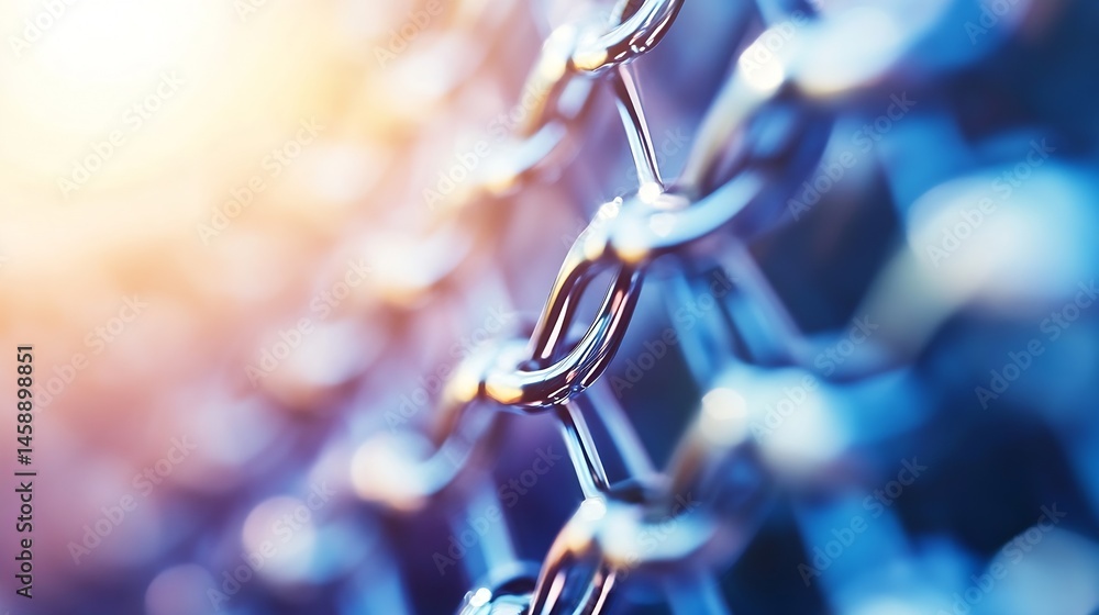 Poster Close-up view of a metallic chain link fence, showcasing the intricate details of its interwoven structure against a blurred, sunlit background of blue and orange hues. : Generative AI