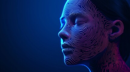 Digital Human Head Concept for AI and Metaverse, Featuring Neon Contour Lines Resembling a Fingerprint on a Deep Blue Background, Minimalistic Copy Space