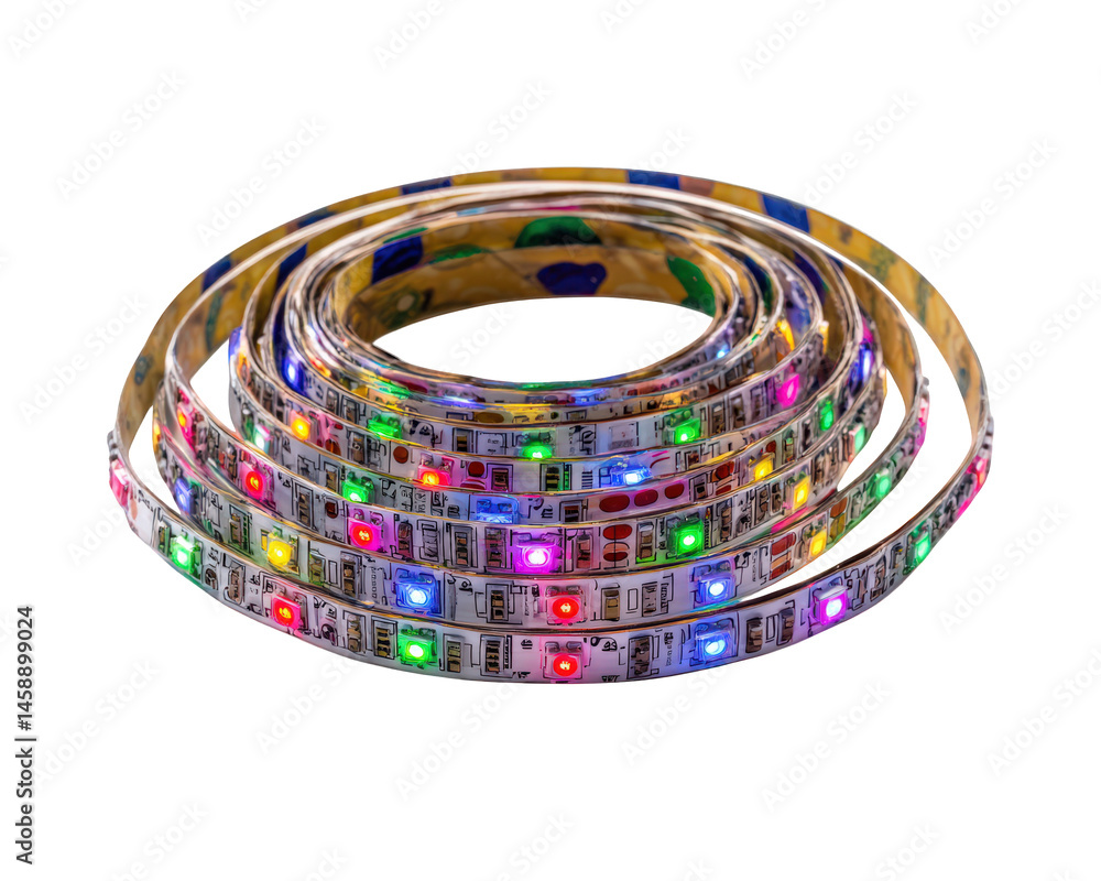 Poster colorful led strip lights coiled in circular arrangement on transparency background, creating vibran