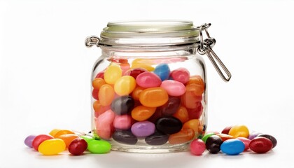 colorful jelly beans in glass jar on white background for easter, branding, packaging, web design, print media, or festive graphic resource

