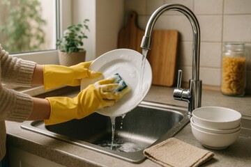 Hands washing dishes kitchen sink