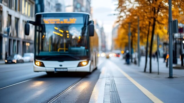 A modern city bus stops at a tram track on a tree-lined autumn street, showcasing urban transportation and seasonal ambiance. : Generative AI