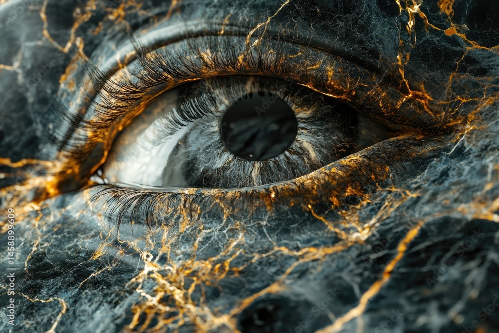 Poster a close-up of a striking eye, seemingly embedded within a dark, gold-veined, marble-like texture.