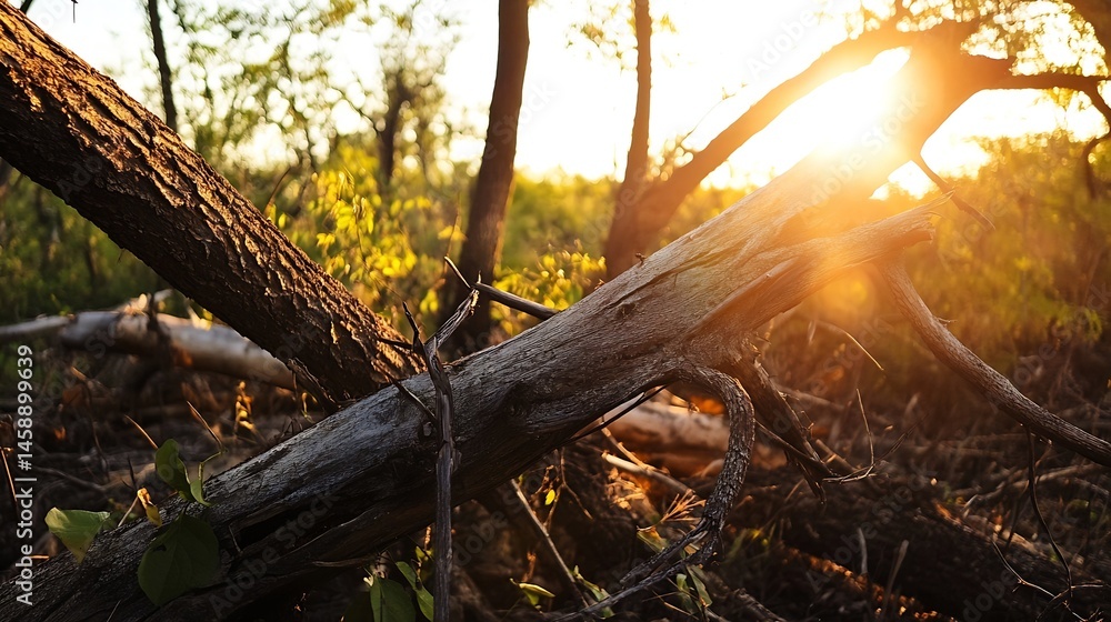 Aufkleber golden hour sunlight illuminates a fallen log in a forest, showcasing the intricate texture of the w