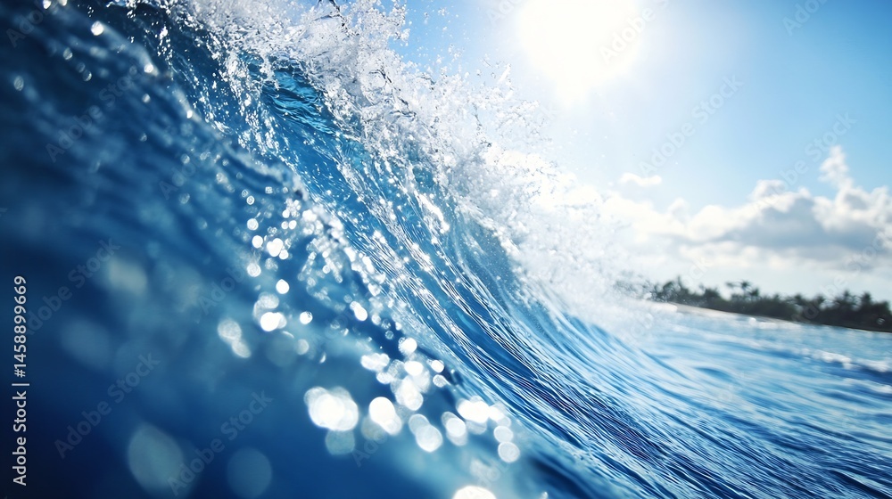 Poster close-up view of a powerful ocean wave crashing, sunlight reflecting on the water surface, creating 