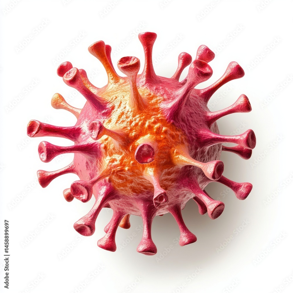 Aufkleber microscopic view of a vibrant red and orange virus cell with protein spikes, showcasing its complex 