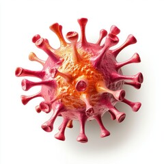 Microscopic view of a vibrant red and orange virus cell with protein spikes, showcasing its complex structure and potential impact on health.