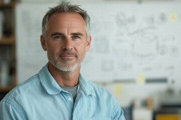 Obraz premium Confident middle-aged man in a light blue shirt, standing in front of a whiteboard.