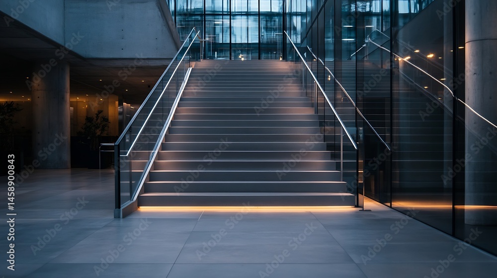 Aufkleber Modern illuminated staircase in a contemporary glass and concrete building interior.  The sleek metal handrails and grey steps create a minimalist aesthetic. : Generative AI
