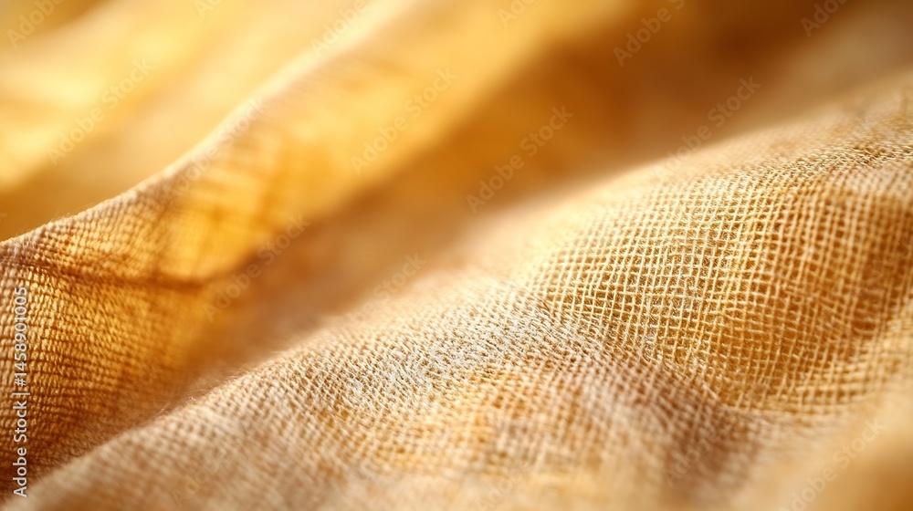 Poster close-up view of a textured beige burlap fabric, showcasing its woven pattern and soft, golden light