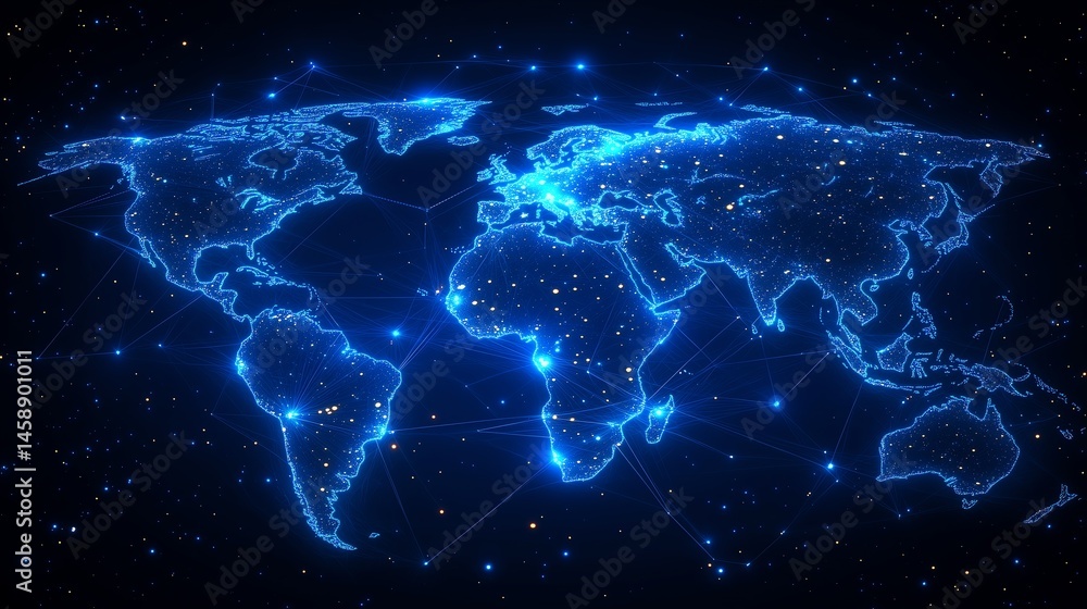 Poster global social network futuristic communication map with glowing lines and particles