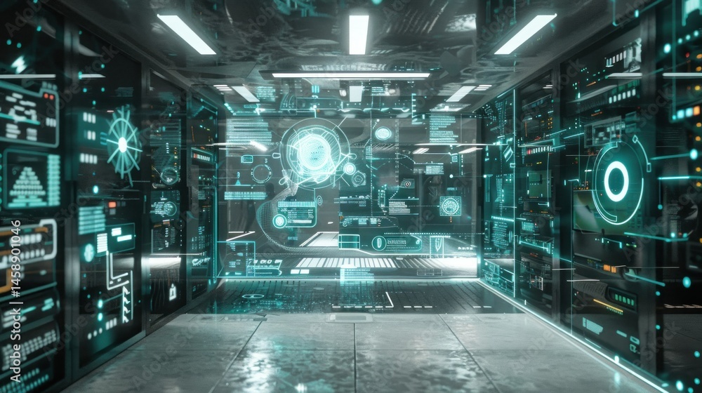 Poster server room with digital security interface overlay