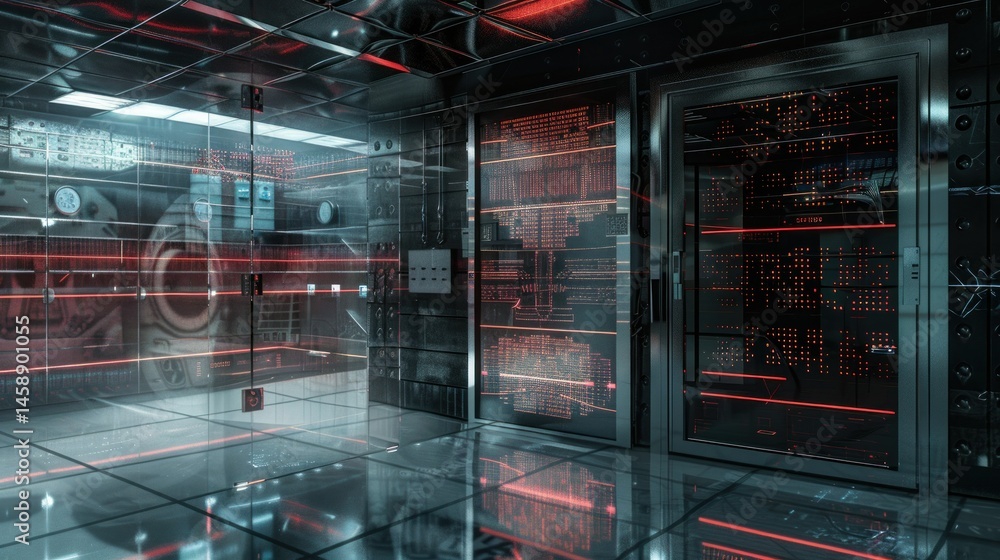 Poster server room with digital security interface overlay