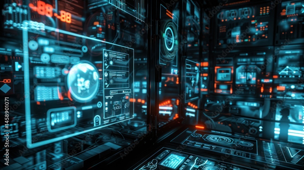 Poster server room with digital security interface overlay
