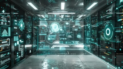 Server room with digital security interface overlay