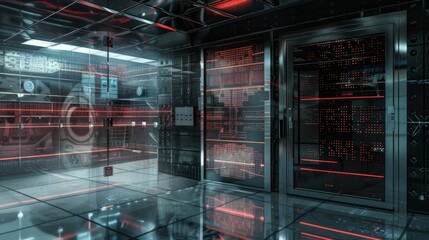 Server room with digital security interface overlay