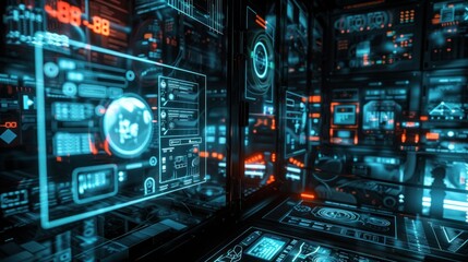 Server room with digital security interface overlay