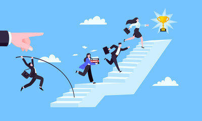 Success career ladder steps path challenge with business goal achievement trophy objective on the top of it business concept flat vector illustration. Office person running onto success career steps.