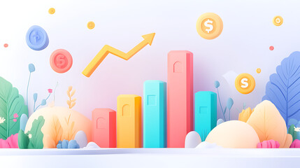 Fototapeta premium Digital Business Investment Illustration with Transparent Bar Graphs and Upward Arrow
