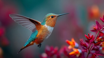 A hummingbird flying through the air with its wings spread