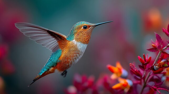A hummingbird flying through the air with its wings spread
