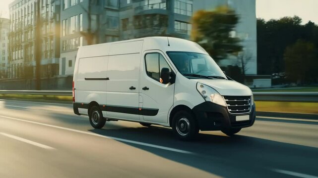 A white delivery van driving on a city street with blurred background in motion on a sunny day