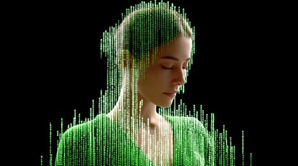 Serene woman portrait overlaid with cascading green digital code, evoking themes of technology, AI, and the digital age.  The image presents a mysterious and futuristic aesthetic.