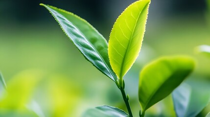 Obraz premium Close-up view of vibrant green tea leaves, showcasing their delicate texture and serrated edges, bathed in soft sunlight. : Generative AI