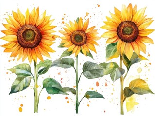 Three Sunflowers Watercolor Painting with Yellow Petals and Green Leaves on White Background
