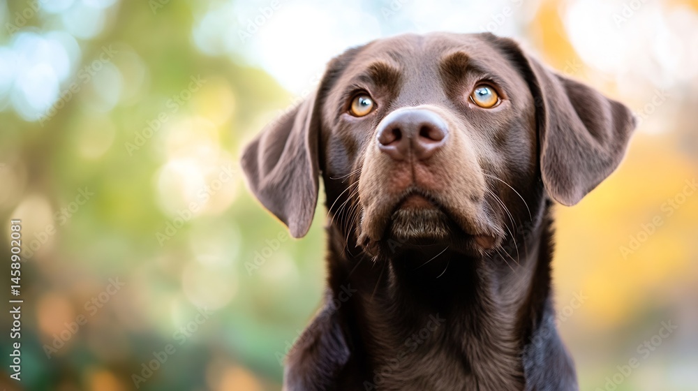 Poster close-up portrait of a chocolate labrador retriever dog, looking up attentively with amber eyes, set