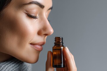 Woman Smelling Aromatherapy Essence in Bottle