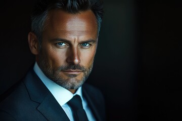 Obraz premium A charismatic man with salt and pepper hair, wearing a dark suit and tie, stares intensely into the camera.
