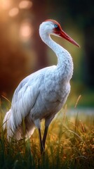 A white bird with a red beak standing in the grass