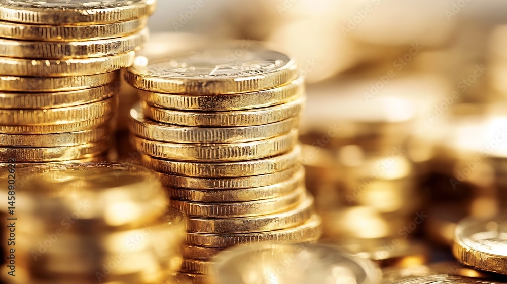 Aufkleber Close-up view of several stacks of shiny gold coins, depicting wealth, finance, and prosperity.  The image showcases the intricate details of the coins' surfaces and edges. : Generative AI