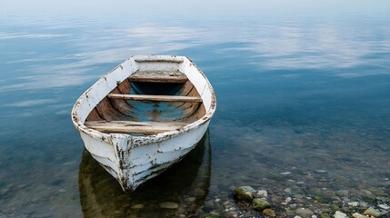Obraz premium Solitary weathered wooden boat rests gently in calm, clear water near a rocky shore, reflecting the tranquil sky. : Generative AI