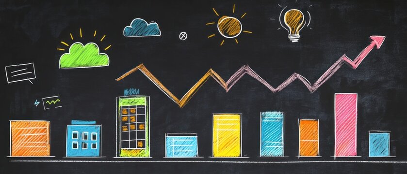 Chalkboard Business Growth Chart:  Illustrating upward trend, success, and innovative ideas with colorful bar graphs and icons.