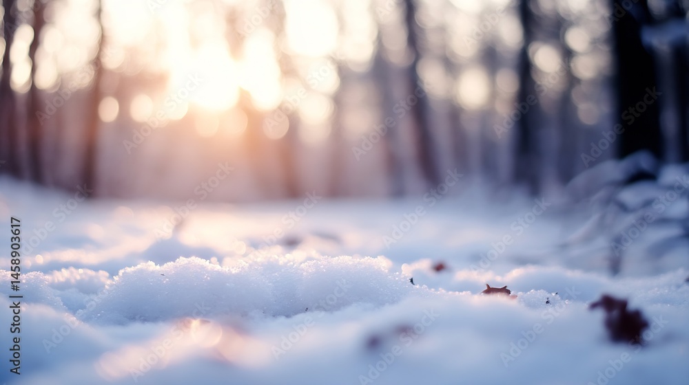 Aufkleber close-up view of a snowdrift in a winter forest at sunset, with soft, warm light illuminating the sn
